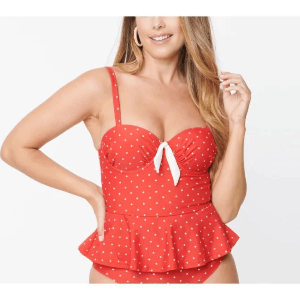 UNIQUE VINTAGE TANKINI TOP RED POLKA DOTS MEDIUM